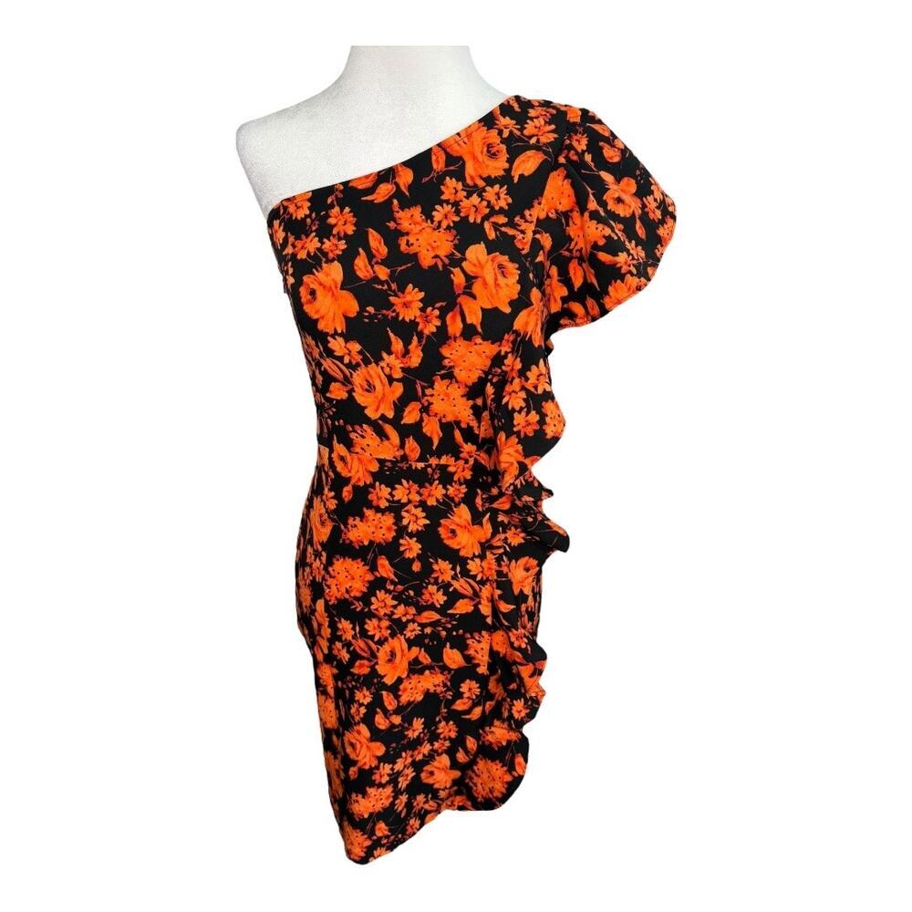 Chelsea28 Size XS Floral Ruffle One-Shoulder Dress in Black- Orange Vintage Rose